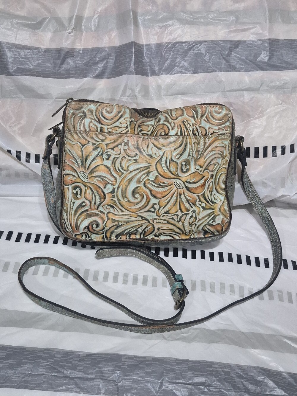 Patricia Nash Tooled Floral Crossbody in Tan and Cream with Aqua Accents